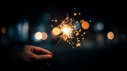 Hand holding sparkling firework with warm golden bokeh lights festive holiday celebration background for New Year party Christmas events and joyful night photography