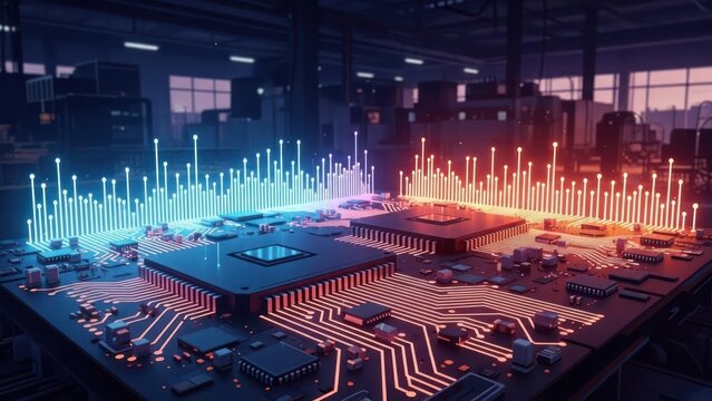 Illuminated circuit board with glowing blue and red data visualizations