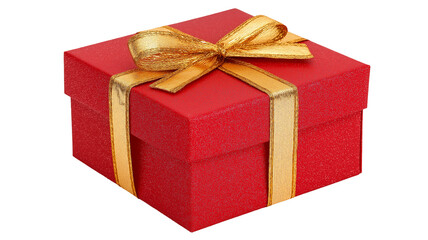Obraz premium Red glitter gift box with a shiny gold ribbon bow, isolated on white, png