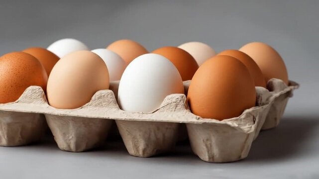A dozen eggs sit in a gray carton, white and brown shells arranged against a plain backdrop on a mat