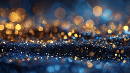 Blue and gold abstract bokeh lights New Year&rsquo;s Eve festive holiday background with glittering sparkles blurred night city lights celebration wallpaper copy space