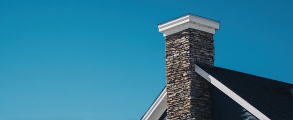 The stone chimney and house roofline against a clear bright blue sky