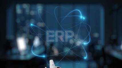 A robotic hand points at glowing ERP system icons in a contemporary office setting. This image represents innovation, technology, and data handling in business environments. Synapse