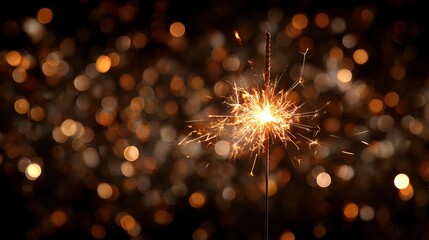 Burning sparkler with warm golden bokeh lights festive celebration background for parties weddings holidays and New Year photography