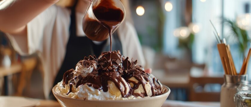 The Chocolate Sundae with Drizzled Syrup and Whipped Cream in Cozy Cafe - Powered by Adobe