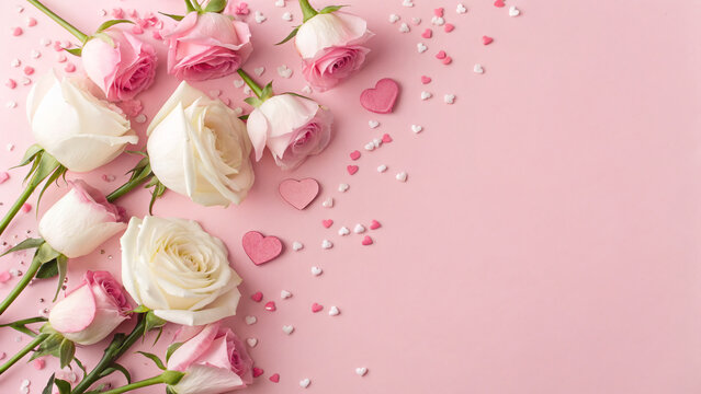 mother's day and 8 march theme Roses in shades of pink and white are placed on a pink surface with small heart shapes scattered around. 