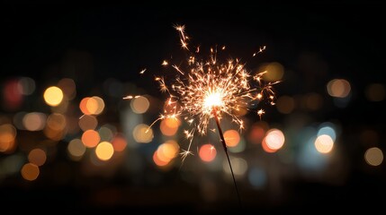 Burning sparkler with warm golden bokeh lights festive celebration background for parties weddings holidays and New Year photography