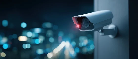 The security camera monitoring urban night skyline with blurred bokeh lights and surveillance © Studio Nova