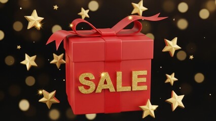 Red gift box with 'SALE' inscription, ribbon, and star bokeh on black background