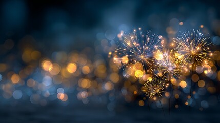 Gold and dark blue fireworks with sparkling bokeh on New Year eve abstract festive holiday background with copy space