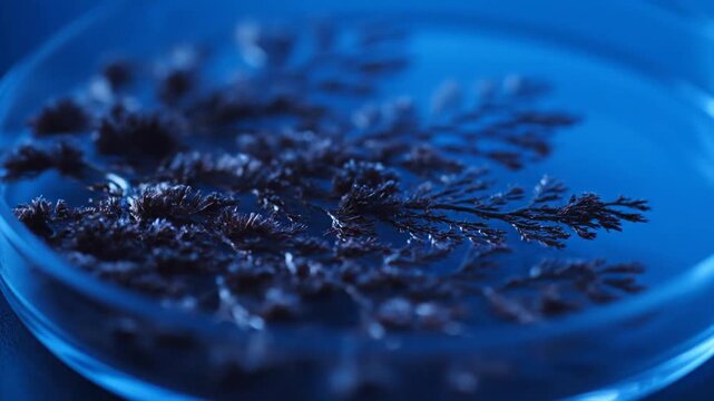 Petri dish with crystallizing metal tree, abstract science concept