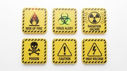 Six hazard symbols, yellow signs with black borders, on a bright background