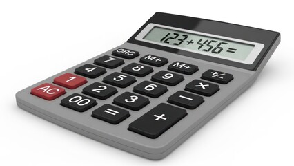 Simple gray and black calculator with angled top; display reads "123+456=