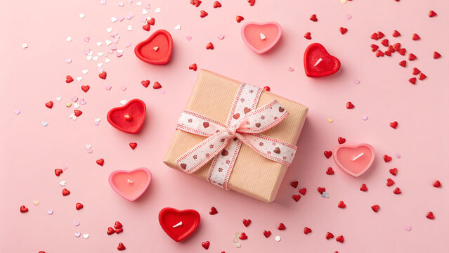 valentine's day atmosphere concept A gift box wrapped with ribbon is placed in the center. Red and pink heart-shaped candles surround it, along with scattered heart confetti. - Powered by Adobe