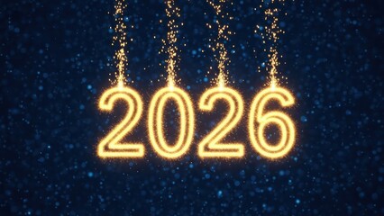 Sparkling "2026" shines gold against a dark blue dotted background