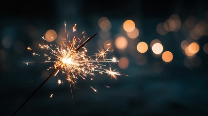 Happy New Year celebration with burning sparkler and warm golden bokeh lights festive holiday party background for greeting cards banners posters and social media design