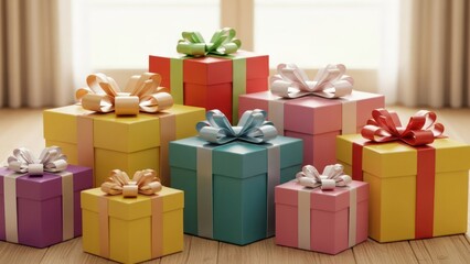 Obraz premium Stack of wrapped gifts, assorted colors, bows on wooden floor near window