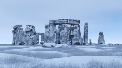 Snowy Stonehenge Stones stand shrouded in white, surrounded by winter fields