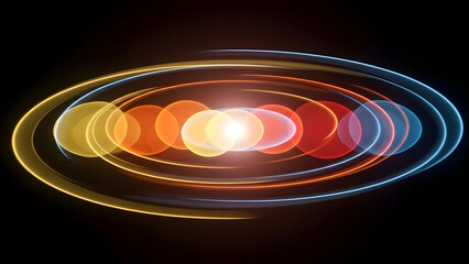 Abstract luminous circles form a vibrant ring system against a dark background. Colorful glowing flares create a mesmerizing and dynamic effect, perfect for adding a touch of cosmic energy to any proj