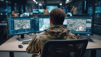 Military personnel monitoring screens in a control room