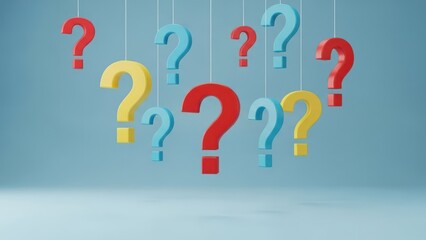 Suspended colorful question marks against a light blue background, many in view