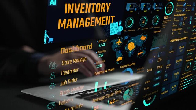 Inventory management dashboard showing supply chain performance, stock levels, order cycle times, cost reduction, and procurement ROI. Inventory tracking, and streamline warehouse efficiency. Thunk