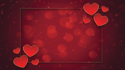Red background with elegant golden frame and hearts, bokeh. valentine's day love concept.