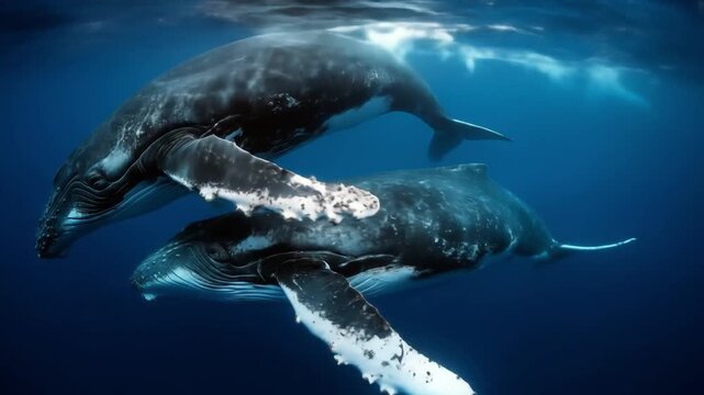 Two massive whales glide together through lit blue depths, their silhouettes, graceful and tranquil!