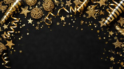 New Years Eve celebration border with glittery gold stars streamers party decorations and noisemakers on black background festive corner banner for holiday invitations and web headers