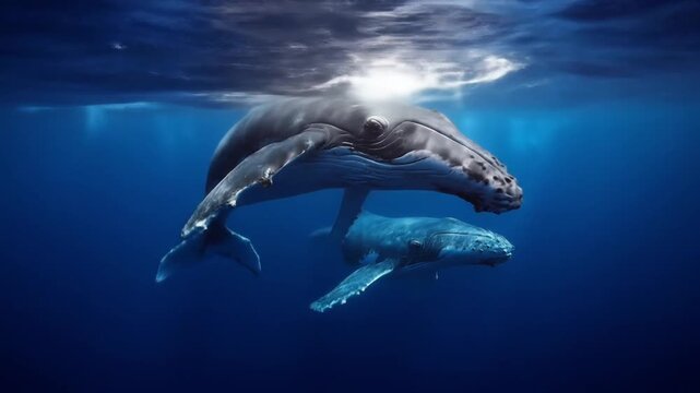 Three gray whales glide beneath sunlit blue water, bubbles trailing as they swim,  graceful. in view