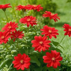 Bright red flowers bloom vibrantly in a sunlit garden, showcasing their delicate petals against a soft green background. 5