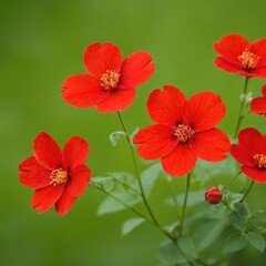 Bright red flowers bloom vibrantly in a sunlit garden, showcasing their delicate petals against a soft green background. 4