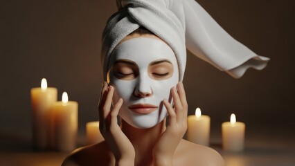 Woman with face mask & towel in warm candlelight