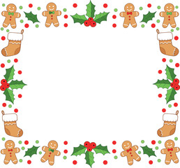 Cute Vector Christmas Frame with Gingerbread Men, Holly Berries, and Polka Dot Border