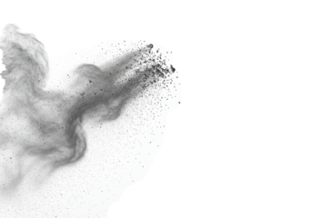 ultra-macro, photorealistic capture of swirling metallic silver dust particles with iridescent sheen on a transparent background, copy space. dynamic material abstraction