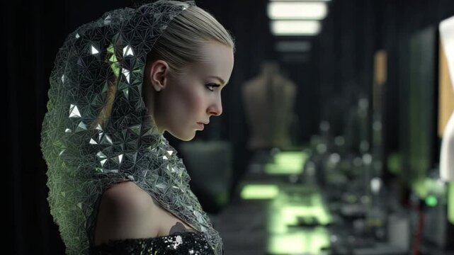 A preview of a beautiful female digital costume simulation artist working on fabric physics inside a CG workstation during a midnight render test.