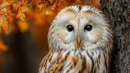 Close-up of an owl perched near a tree with autumn foliage.