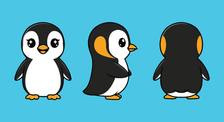 Naklejka premium Cute Cartoon Baby Penguin Character in Three Poses - Front, Side, and Back View