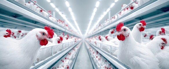 The chickens in a modern commercial poultry farm aisle with bright lighting