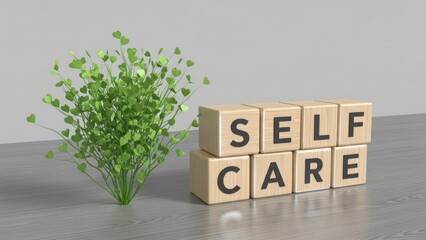Wooden blocks spell "Self Care" beside a small bush with heart-shaped leaves