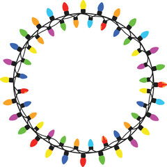 Vector Circular Frame of Colorful Christmas String Lights for Festive Holiday Borders