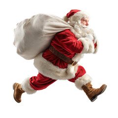Santa Claus running with a sack full of gifts, isolated on white, png