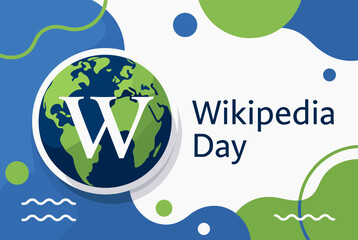 Wikipedia Day celebration banner featuring a globe icon with a 'W' and abstract blue and green shapes.