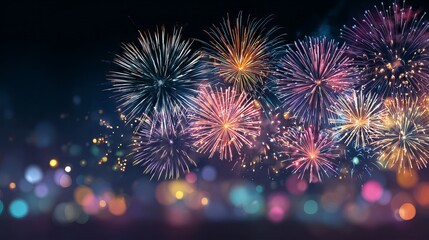 Abstract New Year festive background with colorful fireworks and glowing Christmas lights bright holiday celebration party wallpaper vector illustration design