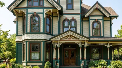 Fototapeta premium Victorian American classic home featuring ornate trim, tall windows, decorative gables, and rich architectural details, capturing elegant historic design