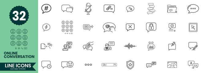 Online Conversation Line Icons Set Chat, Messaging, Communication, Call, Social Media & Dialogue Symbols