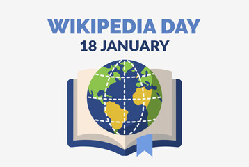 Graphic celebrating Wikipedia Day on January 18th with an open book and a globe.