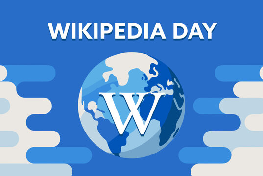 Illustration celebrating Wikipedia Day with the iconic globe logo and 'W' symbol on a blue background with clouds.