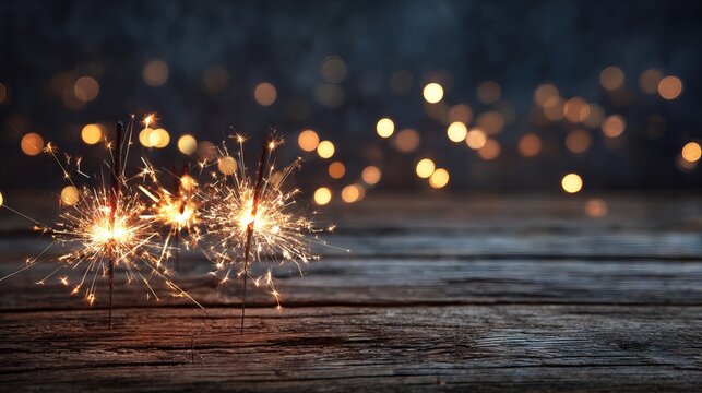 Happy New Year celebration background with glowing sparkler lights festive golden bokeh and copy space for holiday greeting cards party invitations and digital wallpaper design - Powered by Adobe