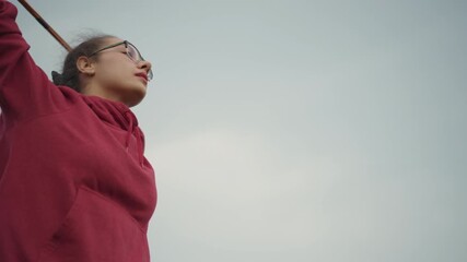 Brave Lady Ascends Boldly Upward, Independent Woman Confidently Elevates Herself To Boundless Heights, Female Strength Propels Her Upward As She Reaches For Infinite Possibilities In Sky